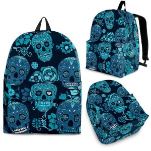 Teal Sugar Skull Flower Pattern Print Back To School Backpack BP117