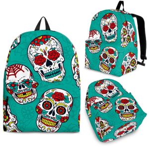 Teal Sugar Skull Pattern Print Back To School Backpack BP073