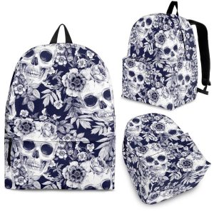 White Blue Skull Floral Pattern Print Back To School Backpack BP199
