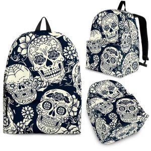 White Floral Sugar Skull Pattern Print Back To School Backpack BP193