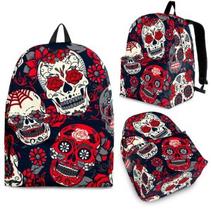 White Red Sugar Skull Pattern Print Back To School Backpack BP111