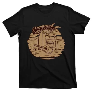 Guitar And Surfing Board In The Sun Set T-Shirt