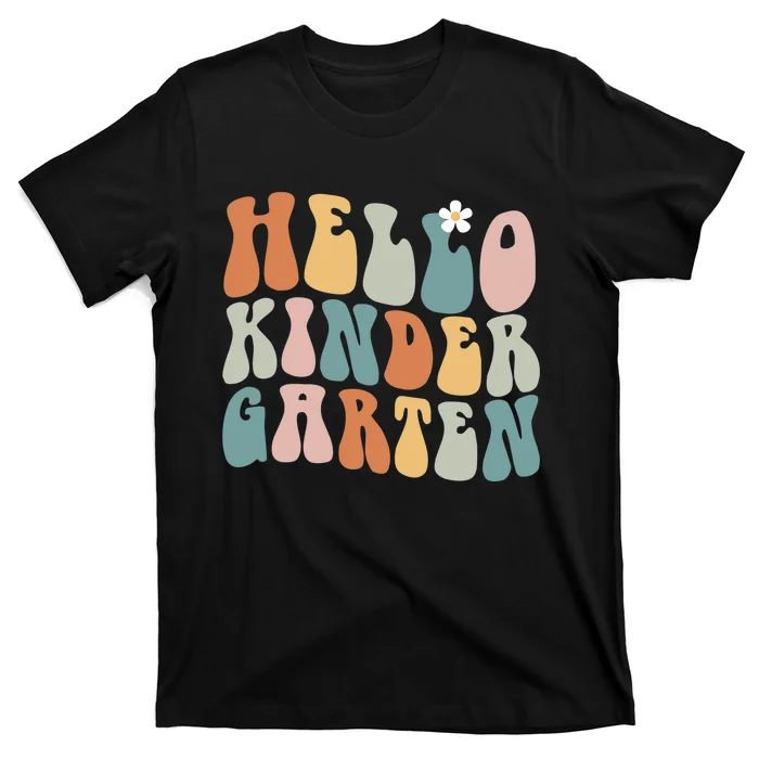 Hello-Kindergarten-Teacher-Team-Back-To-School-Groovy-Retro-T-Shirt Hello Kindergarten Teacher Team Back To School Groovy Retro T-Shirt