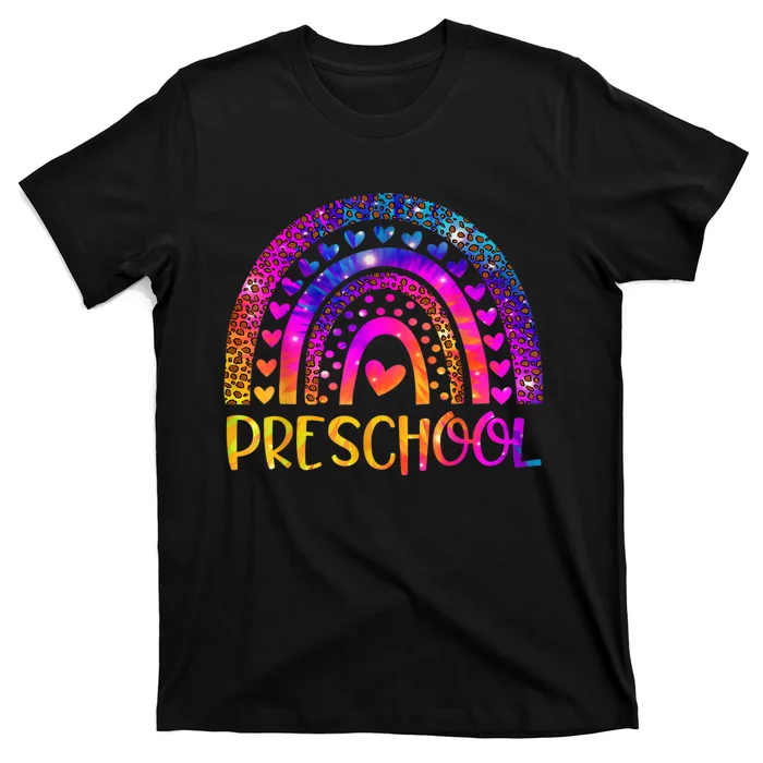 Preschool Teacher Leopard Tie Dye Rainbow Back To School T-Shirt