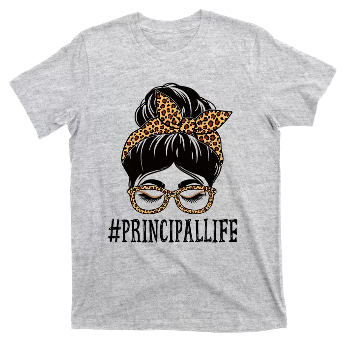 Principal Leopard Messy Bun Back To School T-Shirt