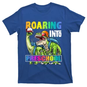 Roaring Into Preschool Dinosaur Backpack Back To School Boys Long Sleeve T-Shirt