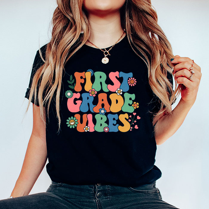 Back-To-School-First-Grade-Vibes-Retro-Teacher-Women-Kids-T-Shirt-1-3 Back To School First Grade Vibes Retro Teacher Women Kids T Shirt 1 3
