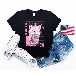 Cat Boba Anime Bubble Tea Neko Girls Kawaii Girls Teen T-Shirt