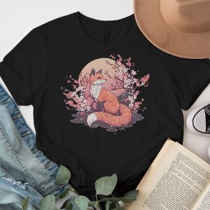 Fox Japanese Cherry Blossom Flower Vintage Gift T Shirt 2