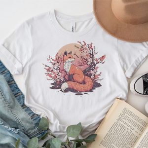 Fox Japanese Cherry Blossom Flower Vintage Gift T Shirt 3