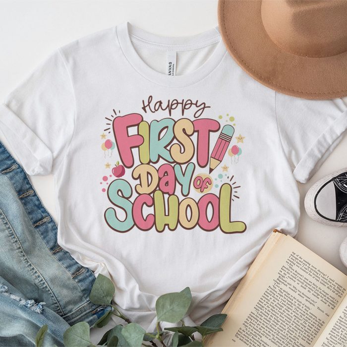 Happy First Day Of School Groovy Teachers Kids Back To School T Shirt 3 4