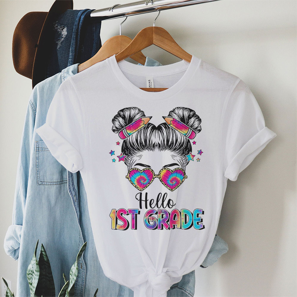 Hello-1st-Grade-Messy-Hair-Bun-Girl-Back-To-School-First-Day-T-Shirt-1 Hello 1st Grade Messy Hair Bun Girl Back To School First Day T Shirt 1