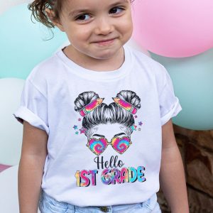 Back To School Clothes Shopping Hello 1st Grade Messy Hair Bun Girl T-Shirt 1 2 Hello 1st Grade Messy Hair Bun Girl Back To School First Day T Shirt 2
