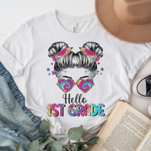 Back To School Clothes Shopping Hello 1st Grade Messy Hair Bun Girl T-Shirt 1 3 Hello 1st Grade Messy Hair Bun Girl Back To School First Day T Shirt 3