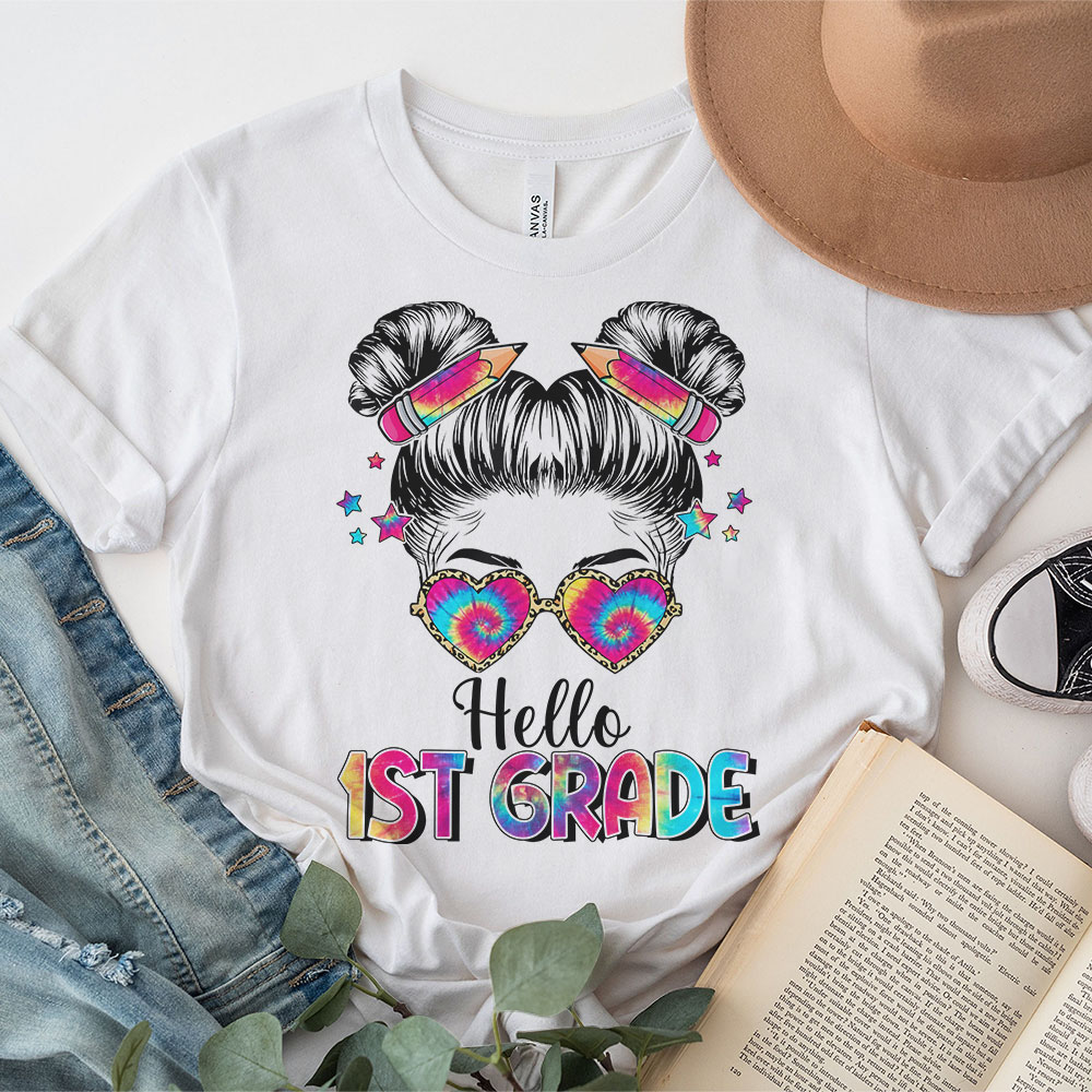 Hello-1st-Grade-Messy-Hair-Bun-Girl-Back-To-School-First-Day-T-Shirt-3 Hello 1st Grade Messy Hair Bun Girl Back To School First Day T Shirt 3