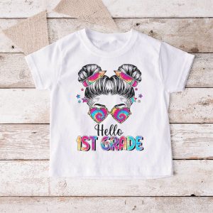 Back To School Clothes Shopping Hello 1st Grade Messy Hair Bun Girl T-Shirt 1 4 Hello 1st Grade Messy Hair Bun Girl Back To School First Day T Shirt 4