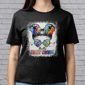 Back To School Clothes Shopping Hello 1st Grade Messy Hair Bun Girl T-Shirt 2 5 Hello 1st Grade Messy Hair Bun Girl Back To School First Day T Shirt a 5