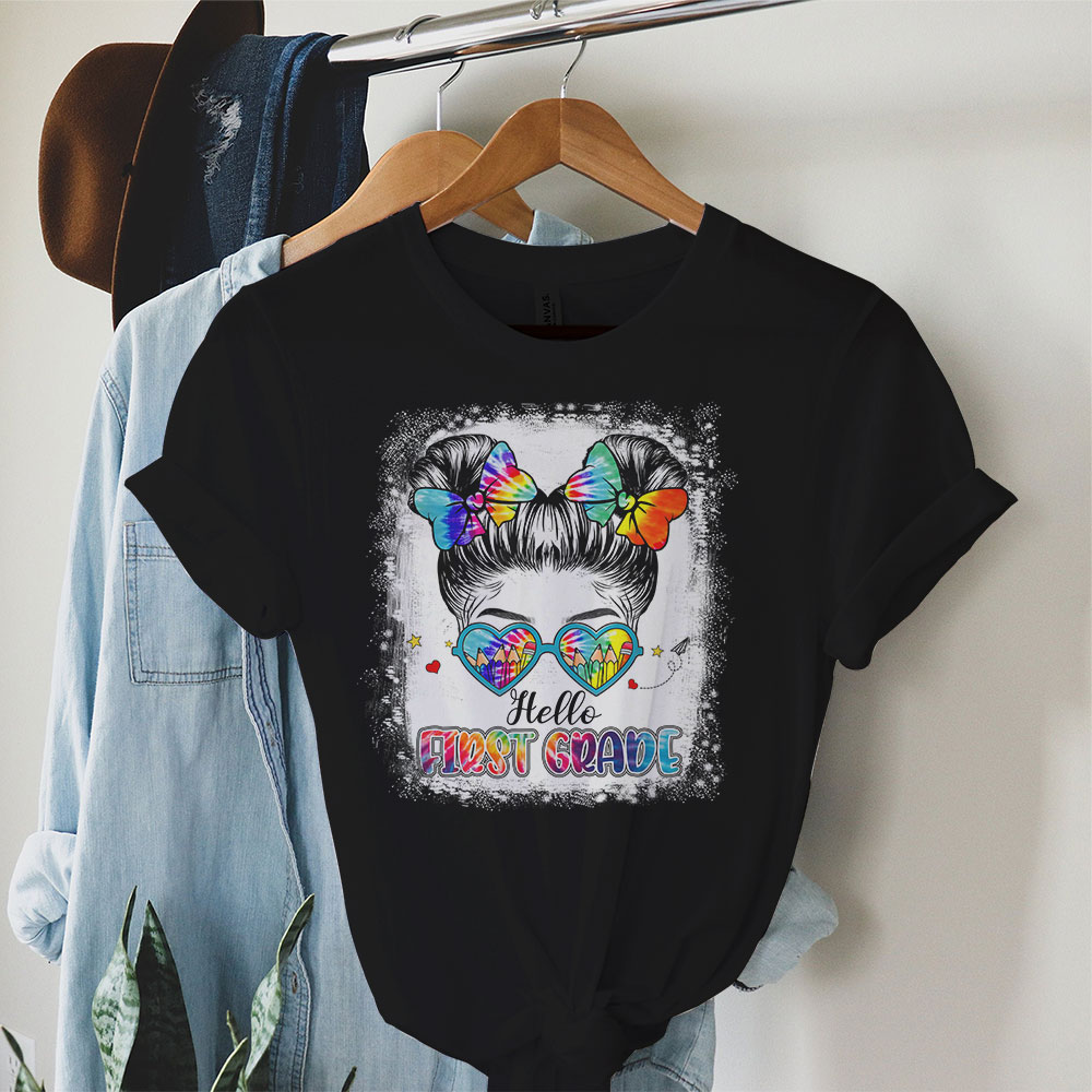 Hello-1st-Grade-Messy-Hair-Bun-Girl-Back-To-School-First-Day-T-Shirt-a Hello 1st Grade Messy Hair Bun Girl Back To School First Day T-Shirt a