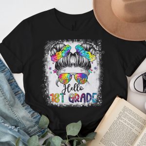 Back To School Clothes Shopping Hello 1st Grade Messy Hair Bun Girl T-Shirt 3 3 Hello 1st Grade Messy Hair Bun Girl Back To School First Day T Shirt b 3
