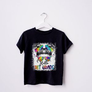 Back To School Clothes Shopping Hello 1st Grade Messy Hair Bun Girl T-Shirt 3 4 Hello 1st Grade Messy Hair Bun Girl Back To School First Day T Shirt b 4