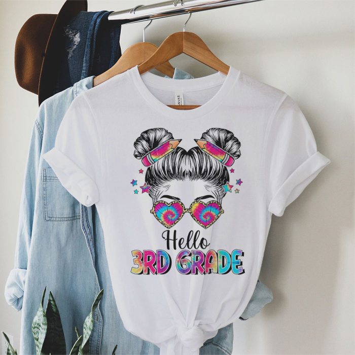 Hello 3rd Grade Messy Hair Bun Girl Back To School First Day T Shirt 1