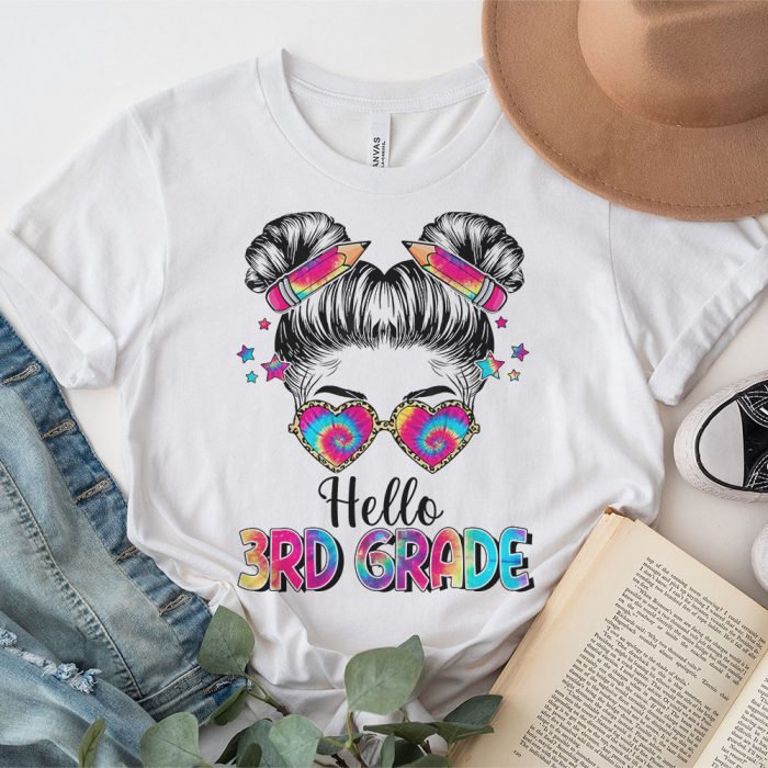 Hello 3rd Grade Messy Hair Bun Girl Back To School First Day T Shirt 3