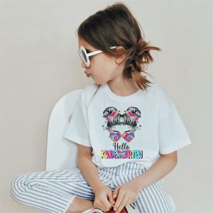 Hello Kindergarten Messy Hair Bun Girl Back To School First Day T-Shirt