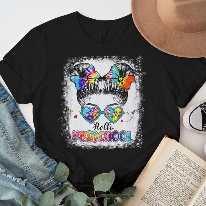 Hello Preschool Messy Hair Bun Girl Back To School First Day T Shirt a 3
