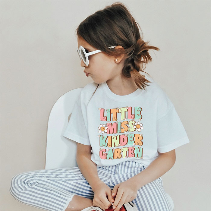 Little Miss Kindergarten Girls Back To School Retro Daughter T-Shirt 2