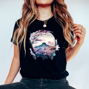 Mount Fuji Cherry Blossoms Geisha Japanese Garden Japan Art T Shirt 3