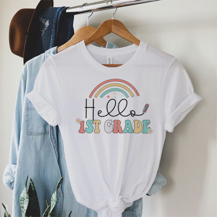 Retro First Day of School Hello 1st Grade Teacher Rainbow T Shirt 1 2