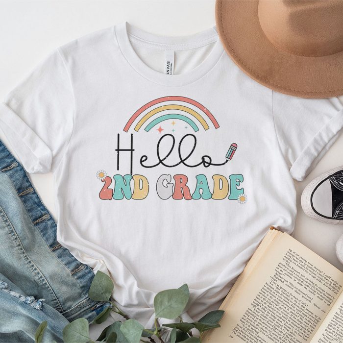 Retro First Day of School Hello 2nd Grade Teacher Rainbow T Shirt 3 2