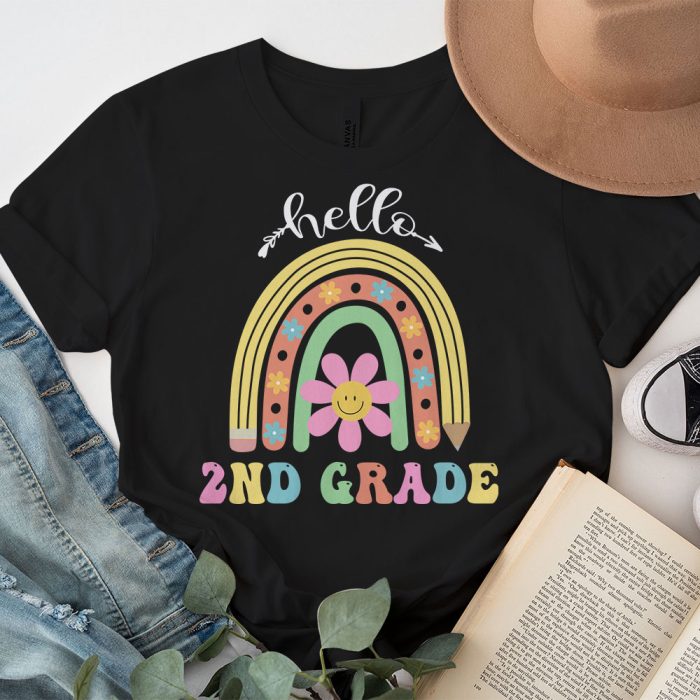 Retro First Day of School Hello 2nd Grade Teacher Rainbow T Shirt 3 3