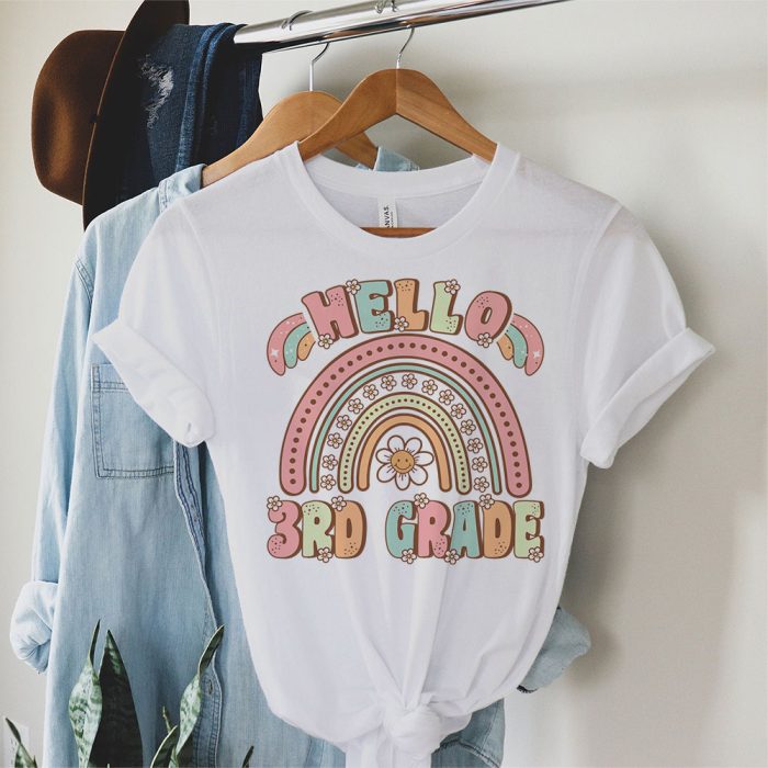 Retro First Day of School Hello 3rd Grade Teacher Rainbow T Shirt 1