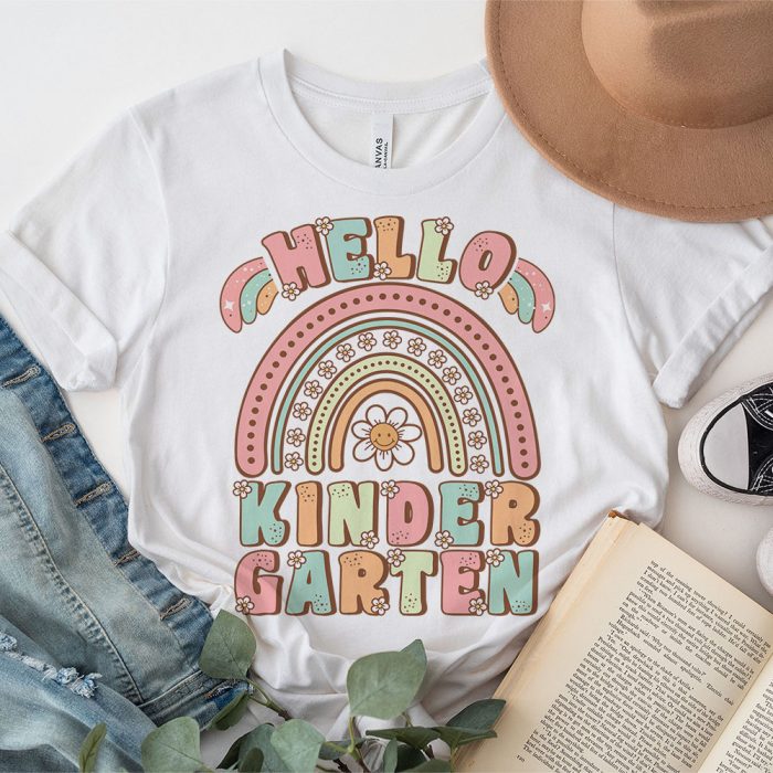 Retro First Day of School Hello Kindergarten Teacher Rainbow T Shirt 3