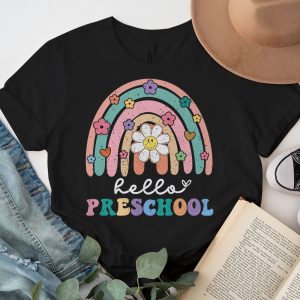 Retro First Day of School Hello Preschool Teacher Rainbow T Shirt 3 1