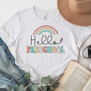 Retro First Day of School Hello Preschool Teacher Rainbow T Shirt 3 2