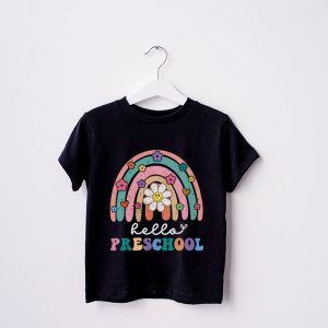 Retro First Day of School Hello Preschool Teacher Rainbow T Shirt 4 1