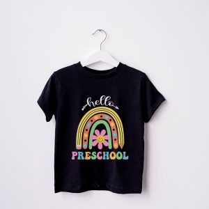 Retro First Day of School Hello Preschool Teacher Rainbow T Shirt 4 3