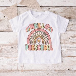 Retro First Day of School Hello Preschool Teacher Rainbow T Shirt 4