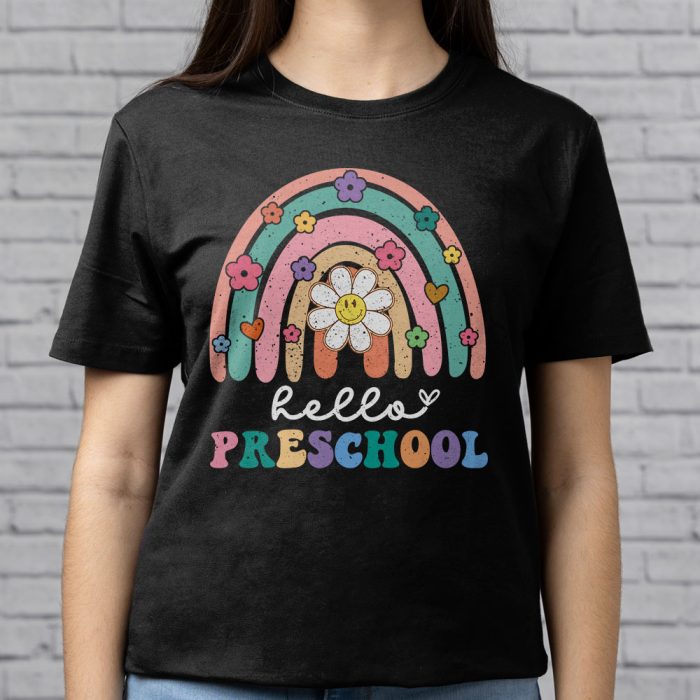 Retro First Day of School Hello Preschool Teacher Rainbow T Shirt 5 1