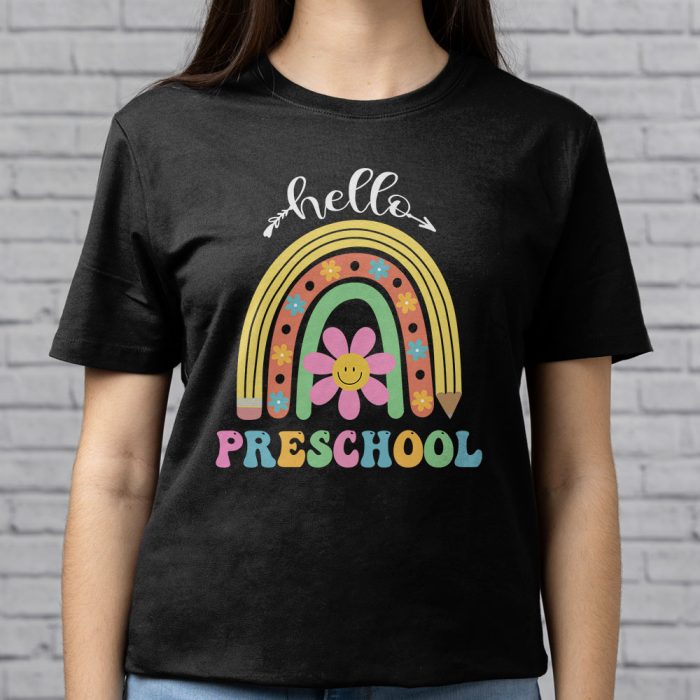 Retro First Day of School Hello Preschool Teacher Rainbow T Shirt 5 2