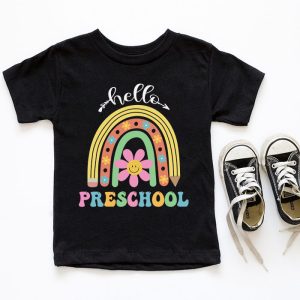 Retro First Day of School Hello Preschool Teacher Rainbow T Shirt 6 1