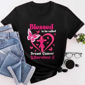 Blessed To Be Called Breast Cancer Survivor Pink Ribbon Butterfly T-Shirt 1