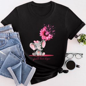 Breast Cancer Cute Elephant With Sunflower And Pink Ribbon T-Shirt