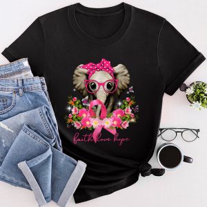 Breast Cancer Cute Elephant With Sunflower And Pink Ribbon T-Shirt