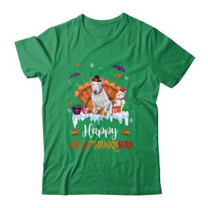 Bull Terrier HalloThanksMas Halloween Thanksgiving Christmas Unisex T Shirt For Adult Kids 2