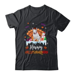 Bull Terrier HalloThanksMas Halloween Thanksgiving Christmas Unisex T-Shirt For Adult & Kids