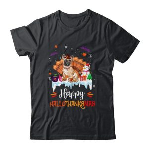 Bulldog HalloThanksMas Halloween Thanksgiving Christmas Unisex T-Shirt For Adult & Kids