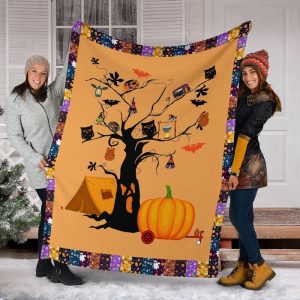 Camping Pumpkin Halloween Personalized Custom Name Date Fleece Blanket